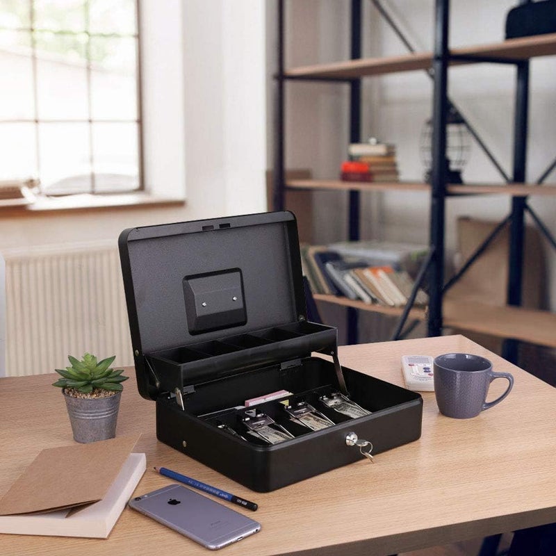 Excefore Large Metal Cash Box With Key Lock - Secure Money, Coin, And Note Security Box, 30 Cm X 24 Cm X 9 Cm, Black - With 5 Compartments & Money Tray - Image 3