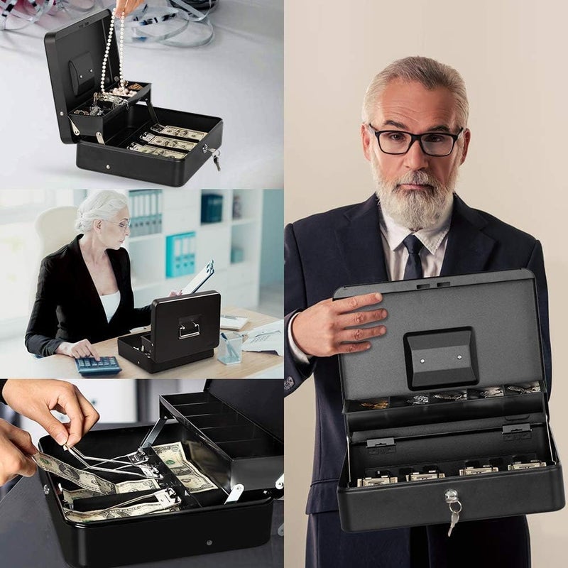 Excefore Large Metal Cash Box With Key Lock - Secure Money, Coin, And Note Security Box, 30 Cm X 24 Cm X 9 Cm, Black - With 5 Compartments & Money Tray - Image 2