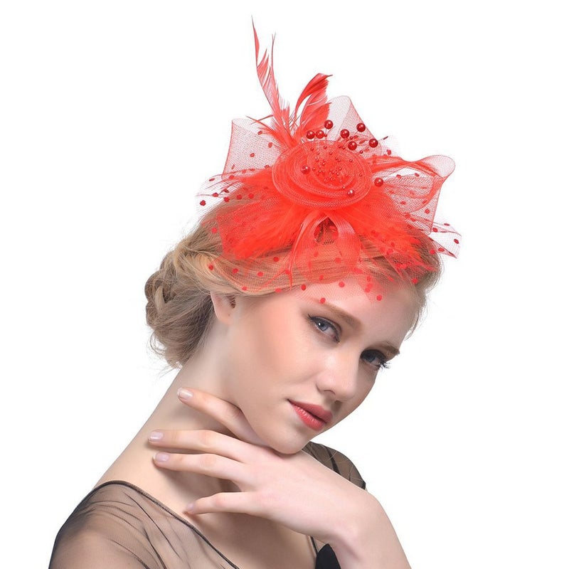 DRESHOW Fascinators Hat Flower Mesh Ribbons Feathers on a Headband and a Clip Tea Party Headwear for Girls and Women - Image 2