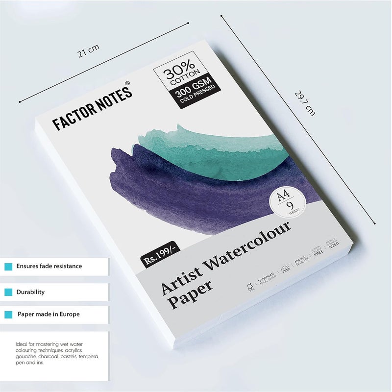 FACTOR NOTES ورقة أكريليك A4: 300 GSM | 30% قطن | 9 ورقات | مضغوطة بارد | خالية من الحمض, ألوان مائية - Image 2