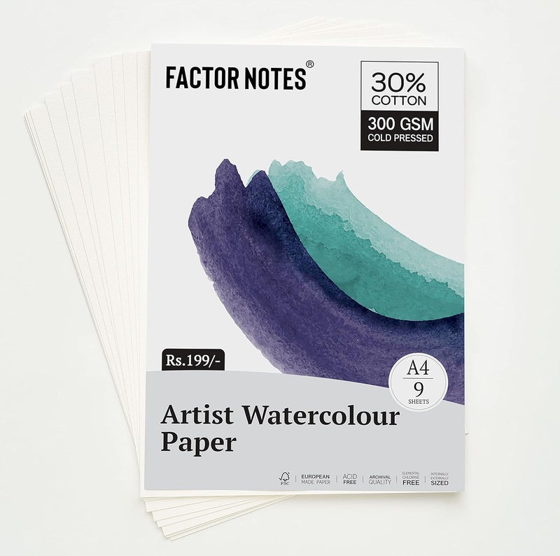 FACTOR NOTES ورقة أكريليك A4: 300 GSM | 30% قطن | 9 ورقات | مضغوطة بارد | خالية من الحمض, ألوان مائية - Image 1