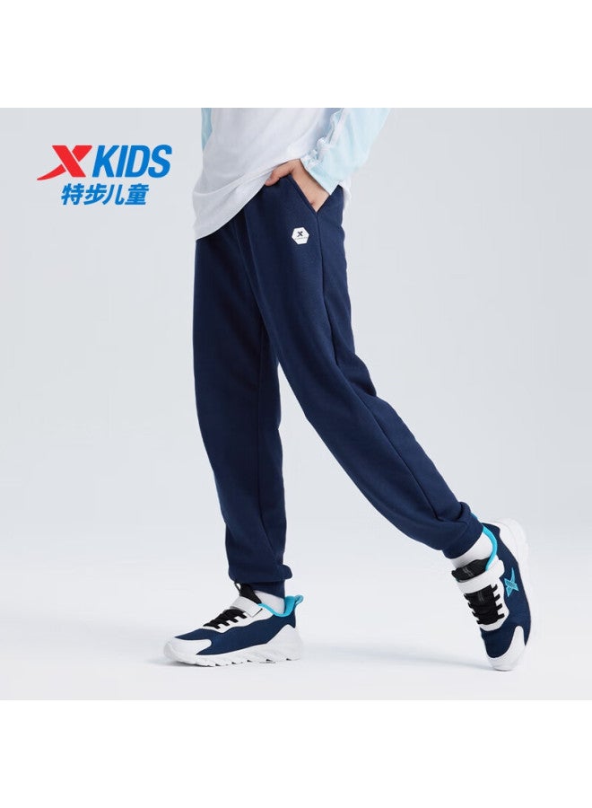 Xtep Children's Clothing, Uni Fleece-lined Sports Knit Pants, Deep Blue, 110cm - Image 1