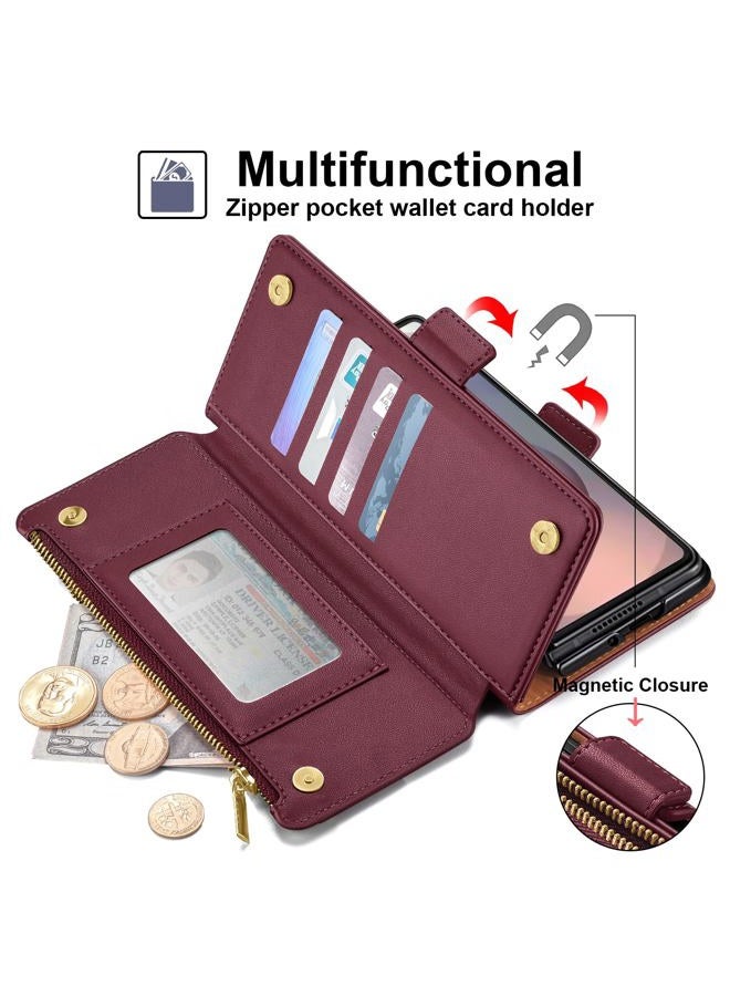 Antsturdy Compatible with Samsung Galaxy Z Fold7 Case Wallet with S Pen Holder,Z Fold 7 5G Phone Case with Strap PU Leather RFID Blocking Flip Cover Credit Card Slots Women Men,Wine Red - Image 3