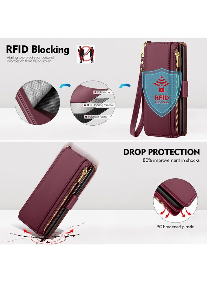 Antsturdy Compatible with Samsung Galaxy Z Fold7 Case Wallet with S Pen Holder,Z Fold 7 5G Phone Case with Strap PU Leather RFID Blocking Flip Cover Credit Card Slots Women Men,Wine Red - Image 4
