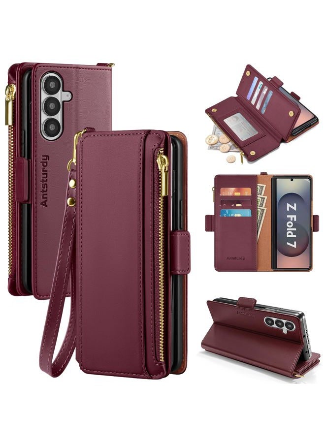 Antsturdy Compatible with Samsung Galaxy Z Fold7 Case Wallet with S Pen Holder,Z Fold 7 5G Phone Case with Strap PU Leather RFID Blocking Flip Cover Credit Card Slots Women Men,Wine Red - Image 1