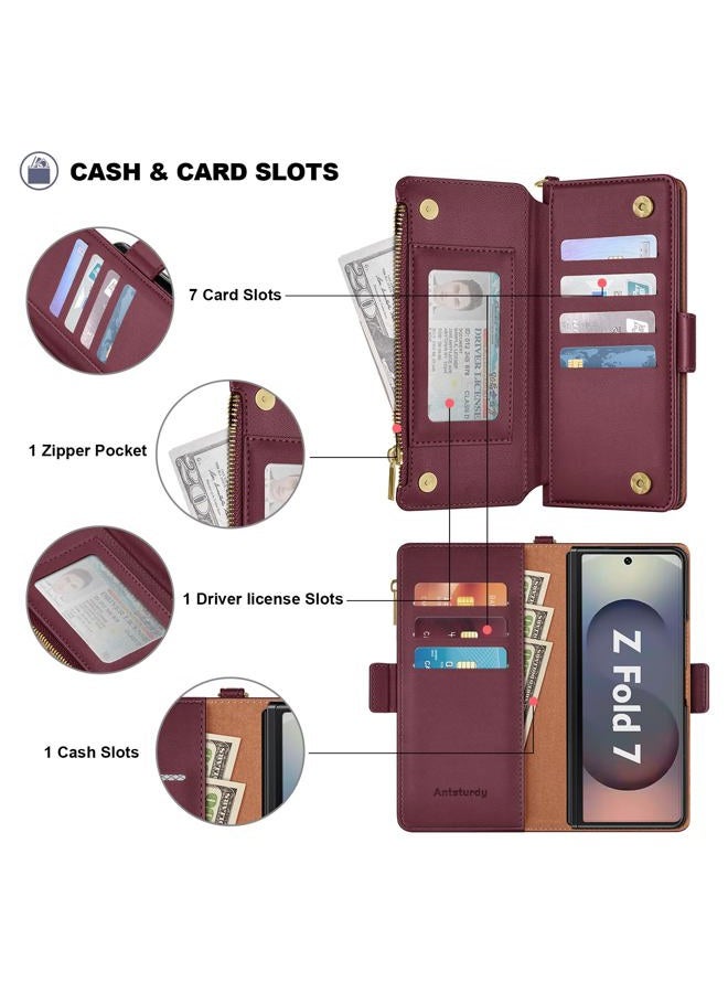 Antsturdy Compatible with Samsung Galaxy Z Fold7 Case Wallet with S Pen Holder,Z Fold 7 5G Phone Case with Strap PU Leather RFID Blocking Flip Cover Credit Card Slots Women Men,Wine Red - Image 5