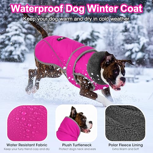 Dogcheer Dog Coat, Waterproof Dog Jacket Reflective Pet Winter Coat with Adjustable Hook & Loop, Christmas Puppy Fleece Jacket Warm Turtleneck Snowsuit for Small Medium Large Dogs - Pink, L - Image 2