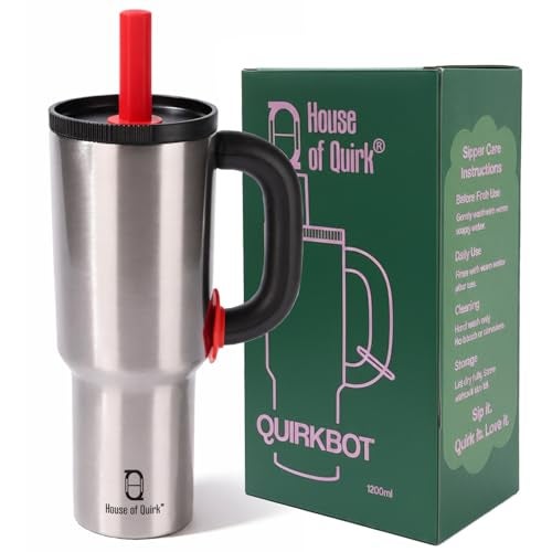 House of Quirk 1200ml Stainless Steel Tumbler with Handle, Straw & Straw Cap | Leakproof Water Bottle | Large Capacity Travel Mug (Chrome) - Image 5