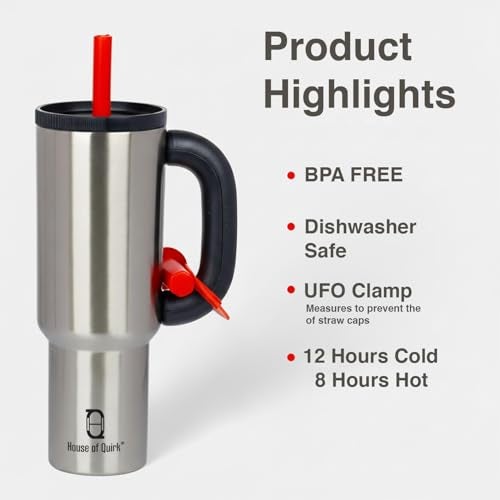 House of Quirk 1200ml Stainless Steel Tumbler with Handle, Straw & Straw Cap | Leakproof Water Bottle | Large Capacity Travel Mug (Chrome) - Image 3