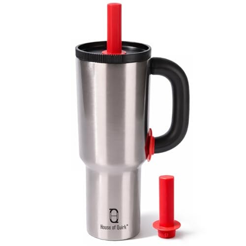 House of Quirk 1200ml Stainless Steel Tumbler with Handle, Straw & Straw Cap | Leakproof Water Bottle | Large Capacity Travel Mug (Chrome) - Image 1
