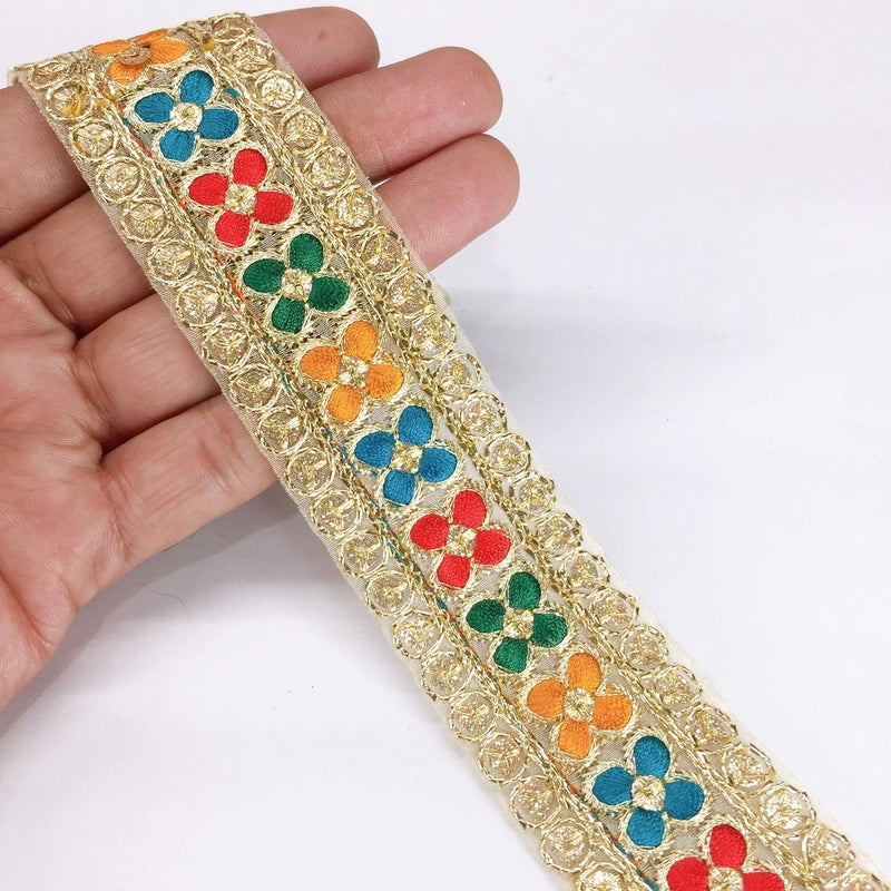 Lami Lami - 9 Mts. Multi Resham Embroidery Border & Gold Cord Work, Designer Saree Lace, Embroidery On Tissue Fabric, Bridal Lehenga, Saree Dupatta, Suit, Anarkali Border, Indian Trims, Fashion Sari Border - Image 1