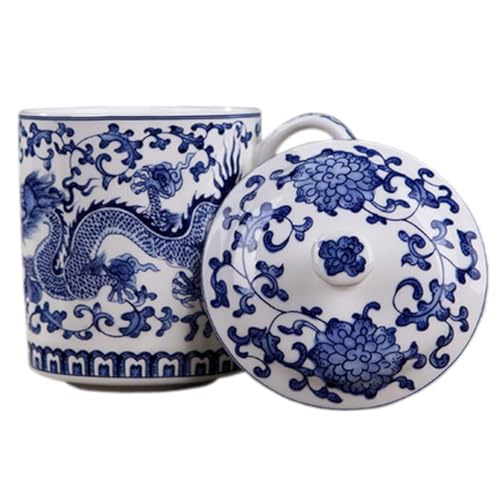 نظام تخمير الشاي والقهوة QPOIBSD الصيني من أوراق الشاي السائبة، كوب شاي من البورسلين الأبيض Bone China بسعة 450 مل مع تصميم التنين الأزرق