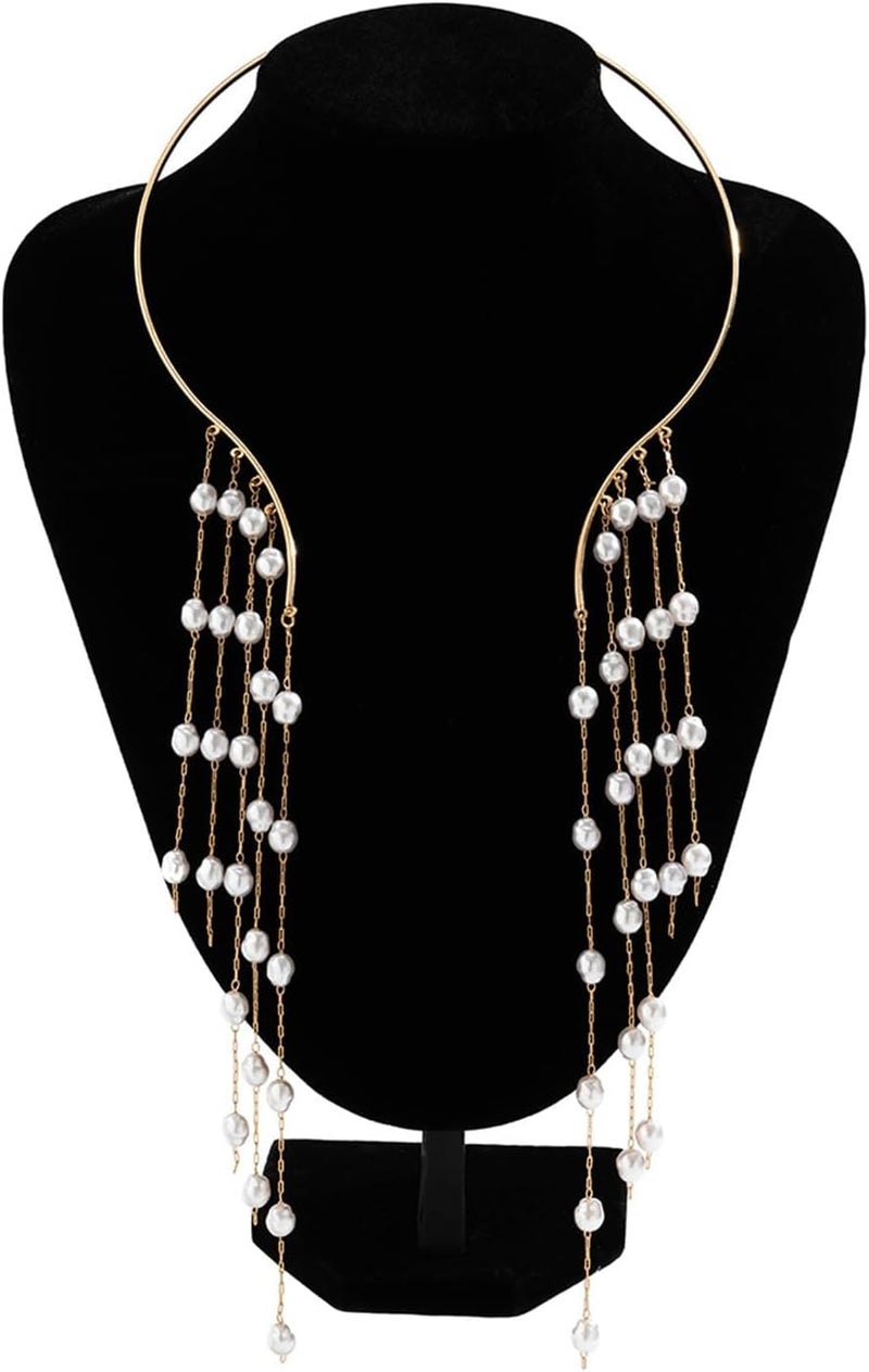 Excefore Adjustable Gold Big Pearl Choker Necklace for Women, Elegant Cuff Collar Statement Chain Necklace. Simple Metal Open Pearl Choker, Pearl Chest Body Jewelry for Women. - Image 2