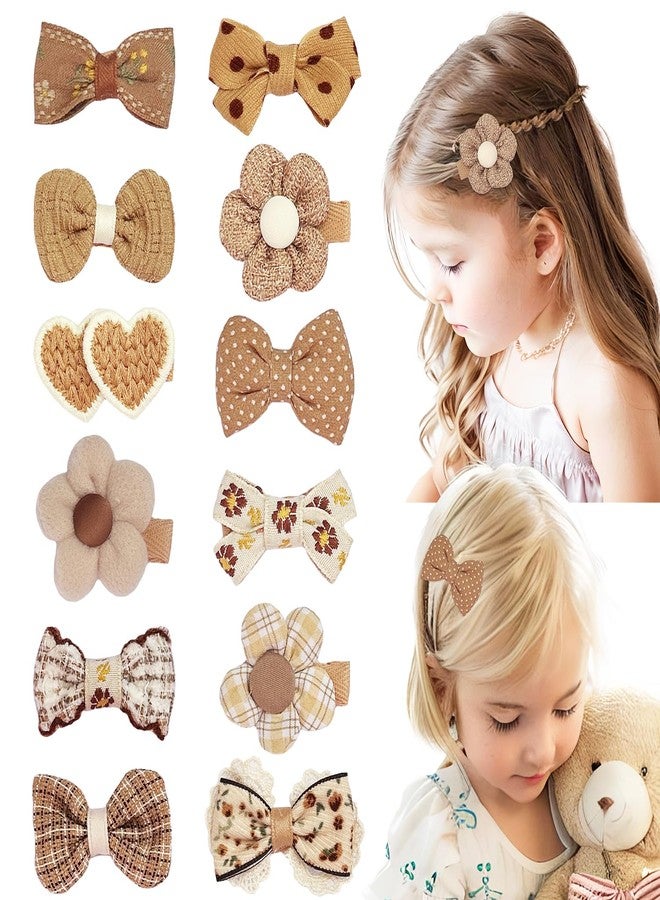 EleMirsa 12pcs Girl's Hair Clips Brown Bow Fabric Snap Hair Clips Brown Flower Hair clips Bow Hair Accessories for Little Girl Teens Toddler Kids - Image 1