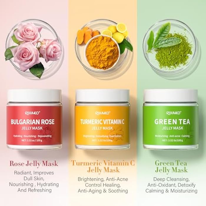 RIHAKO Jelly Mask For Facial Skincare Gift Kits, Peel-Off Hydrating Icy Jelly Mask, Hydrogel Jelly Face Mask Set,Turmeric Vitamin C, Rose & Green Tea,Diy Home Spa Kit - Gift for Him & Her - Image 5