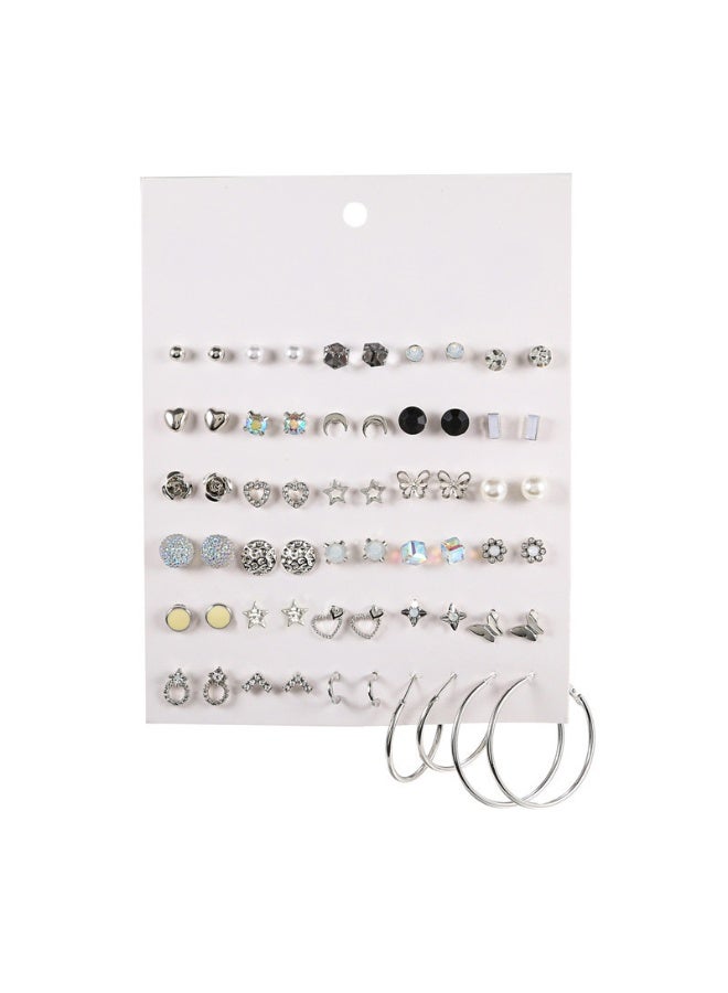 Woofixer 30 Pairs Silver Assorted Studs & Hoops Earrings Set, Butterfly Rose Flower Moon Star Earring Pack, Black & White Geometric Crystal Jewelry Gift for Women - Image 1