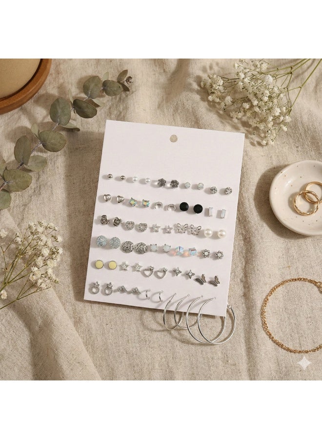 Woofixer 30 Pairs Silver Assorted Studs & Hoops Earrings Set, Butterfly Rose Flower Moon Star Earring Pack, Black & White Geometric Crystal Jewelry Gift for Women - Image 2