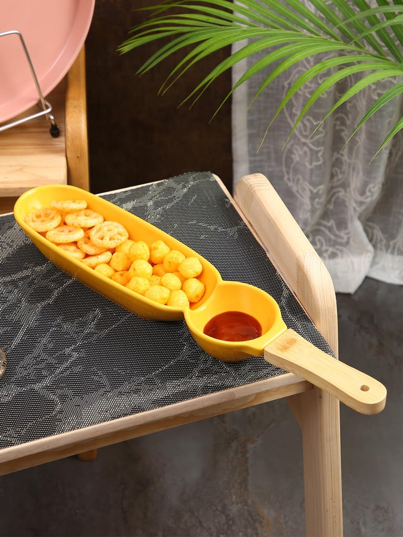 NARRADORA Adore Stoneware Yellow 42 cms Divided Trays Dish Platter Ideal for Serving Snack, Dumpling with Sauce Holder, Partition Serving Platter Tray - Image 1