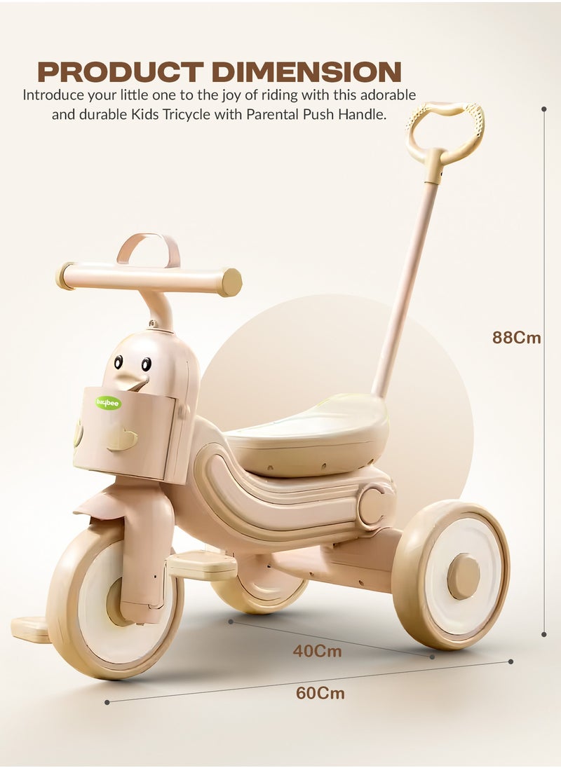 BAYBEE Ducky 2 in 1 Baby Tricycle for Kids, Smart Baby Cycle with Parental Push Handle & Front Storage Basket | Kids Cycle Tricycle for Toddlers | Kids Tricycle for Baby 1.5 to 5 Years Boys Girls Beige  - Image 3
