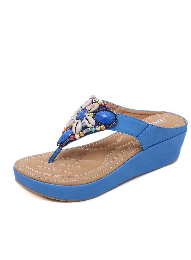 Loquat National Style Beach boho Retro Beaded Wedges Sandals Blue 