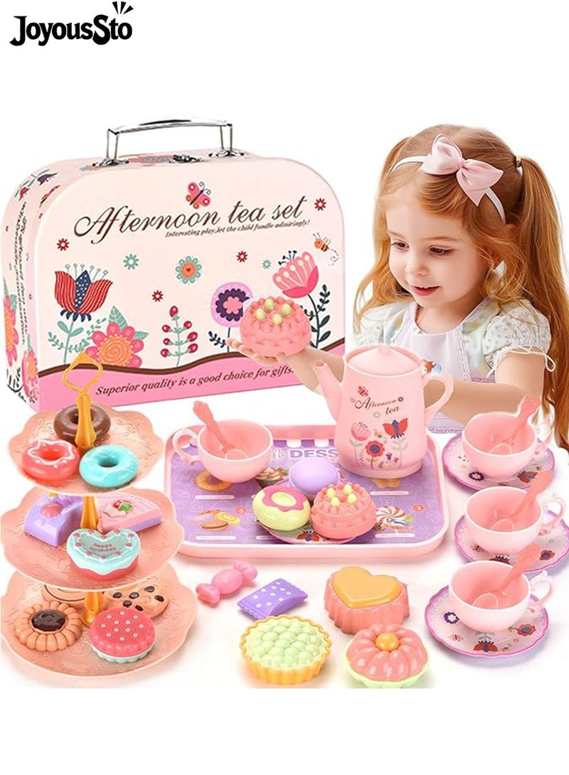 JoyousSto Tea Set for Little Girls，Toddler Toys Tea Party Set for Age 3+ Years Old, Play Kitchen  Toy with Carrying Case, Teapot, Cups, Saucers, Dessert Toys & Tray | Gift for Little Girls Birthday，Princess Kids Kitchen Pretend Toy - Image 1