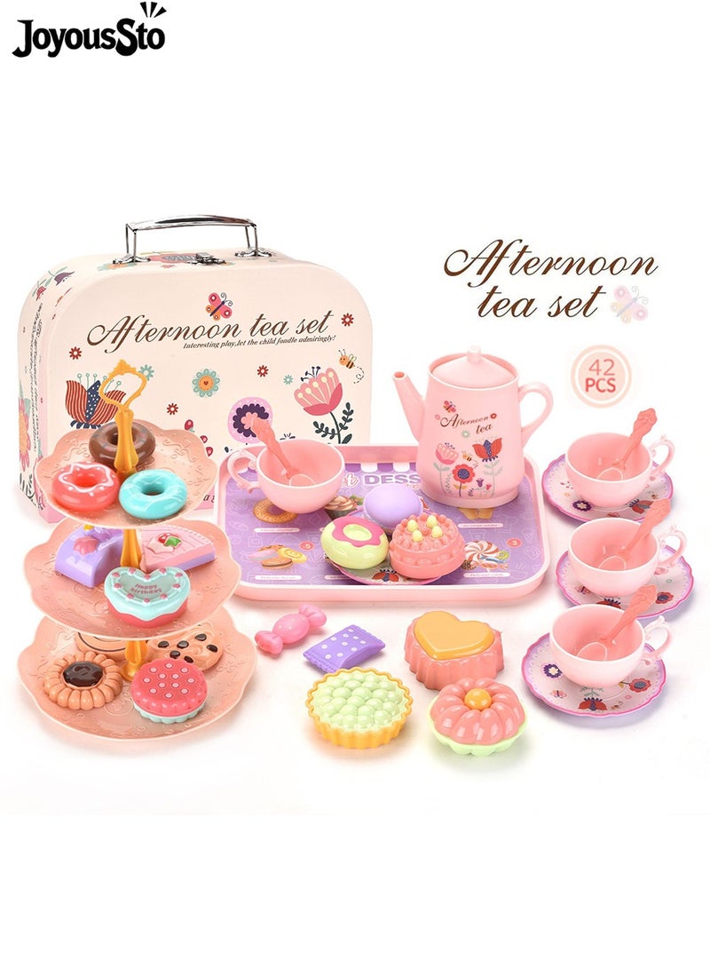 JoyousSto Tea Set for Little Girls，Toddler Toys Tea Party Set for Age 3+ Years Old, Play Kitchen  Toy with Carrying Case, Teapot, Cups, Saucers, Dessert Toys & Tray | Gift for Little Girls Birthday，Princess Kids Kitchen Pretend Toy - Image 2
