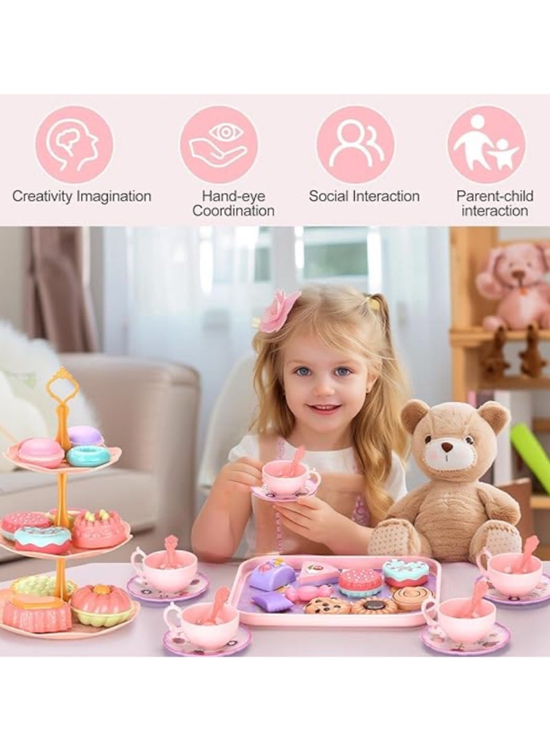 JoyousSto Tea Set for Little Girls，Toddler Toys Tea Party Set for Age 3+ Years Old, Play Kitchen  Toy with Carrying Case, Teapot, Cups, Saucers, Dessert Toys & Tray | Gift for Little Girls Birthday，Princess Kids Kitchen Pretend Toy - Image 3