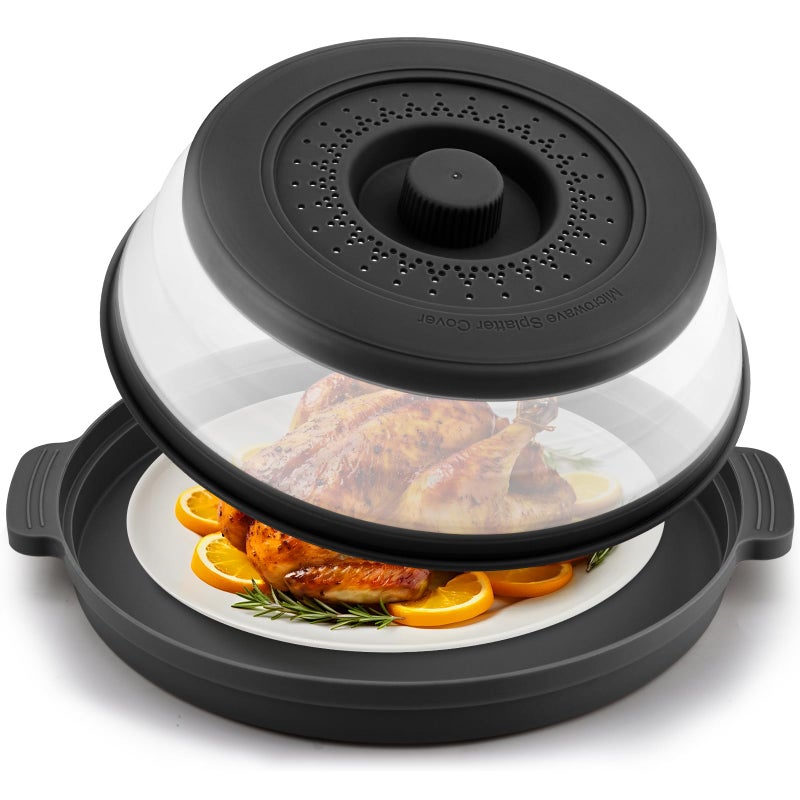 Saebume Microwave Splatter Cover for Food with Anti-scald Base Plate,Large Plastic & Silicone Vented Avoid Scalding Collapsible Guard Lid,Kitchen Essential Gadgets for Meal Prep-10.7 Inch (Black) - Image 1