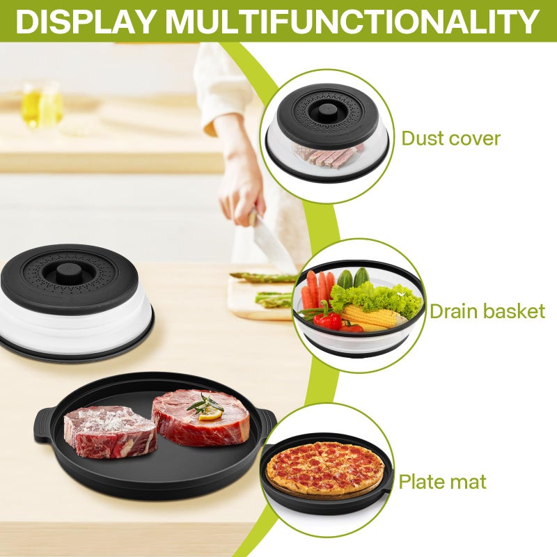 Saebume Microwave Splatter Cover for Food with Anti-scald Base Plate,Large Plastic & Silicone Vented Avoid Scalding Collapsible Guard Lid,Kitchen Essential Gadgets for Meal Prep-10.7 Inch (Black) - Image 4