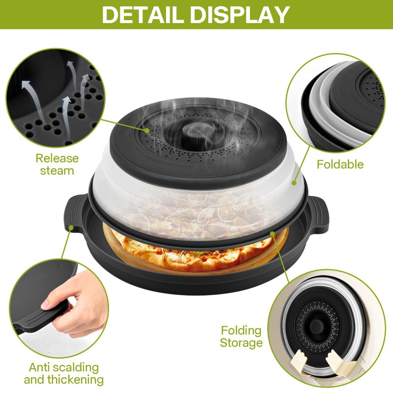 Saebume Microwave Splatter Cover for Food with Anti-scald Base Plate,Large Plastic & Silicone Vented Avoid Scalding Collapsible Guard Lid,Kitchen Essential Gadgets for Meal Prep-10.7 Inch (Black) - Image 5