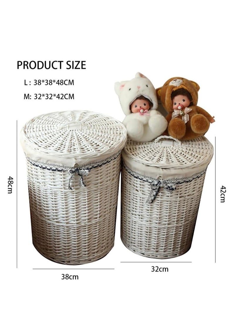Generic Rattan Laundry Basket Household Dirty Clothes Hamper Round Wicker Woven Storage Basket with Lining and Lid for Clothes, Toys & Sundries for Bedroom Bathroom Laundry Room and Balcony, 2pcs (White)  - Image 2