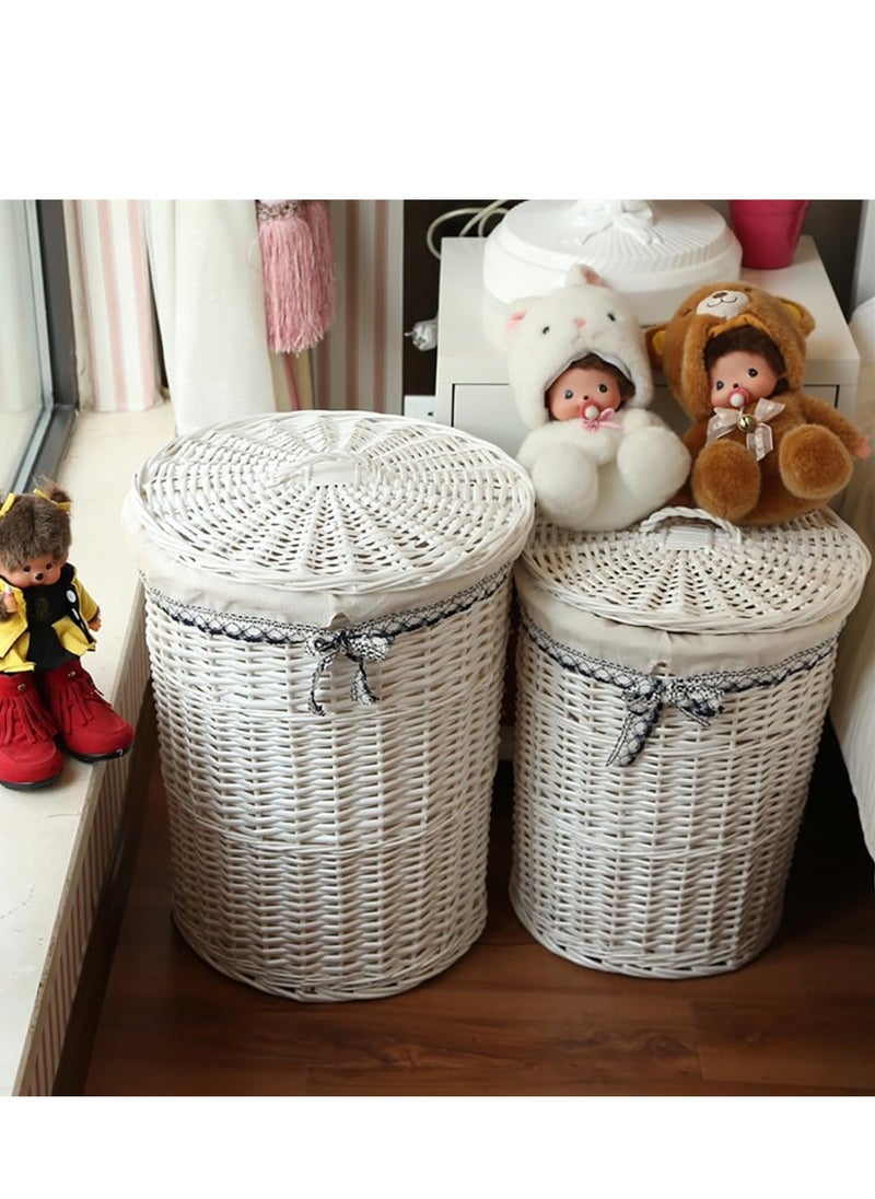 Generic Rattan Laundry Basket Household Dirty Clothes Hamper Round Wicker Woven Storage Basket with Lining and Lid for Clothes, Toys & Sundries for Bedroom Bathroom Laundry Room and Balcony, 2pcs (White)  - Image 1