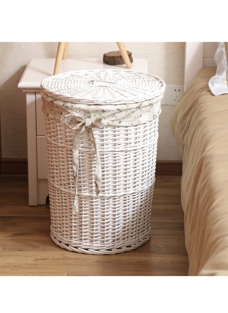 Generic Rattan Laundry Basket Household Dirty Clothes Hamper Round Wicker Woven Storage Basket with Lining and Lid for Clothes, Toys & Sundries for Bedroom Bathroom Laundry Room and Balcony, 2pcs (White)  - Image 4
