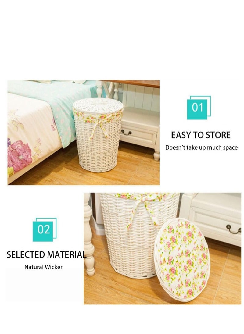 Generic Rattan Laundry Basket Household Dirty Clothes Hamper Round Wicker Woven Storage Basket with Lining and Lid for Clothes, Toys & Sundries for Bedroom Bathroom Laundry Room and Balcony, 2pcs (White)  - Image 5