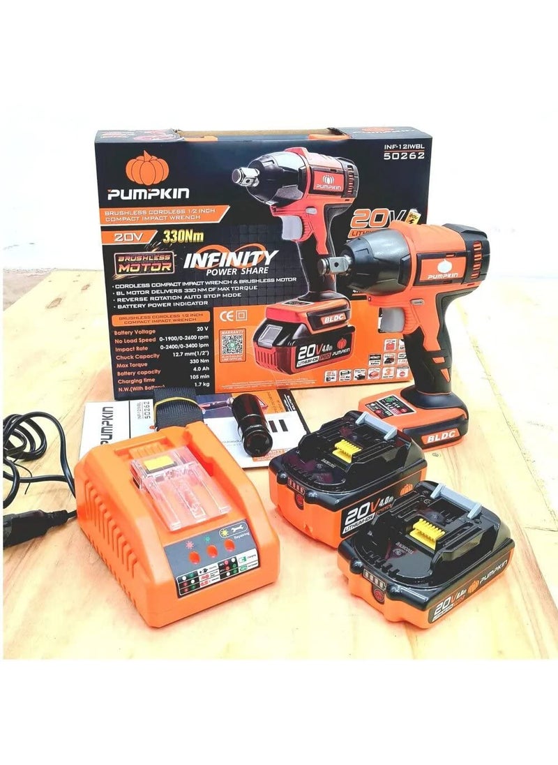 TUQO - TUQO Pumpkin 12 Cordless Impact Wrench With Brushless Motor 3 Variable Speed Control With Reverse AutoMax Torque 20V LithiumIon X 2 Batteries 21Mm Socket Included Orange 330Nm - Image 1