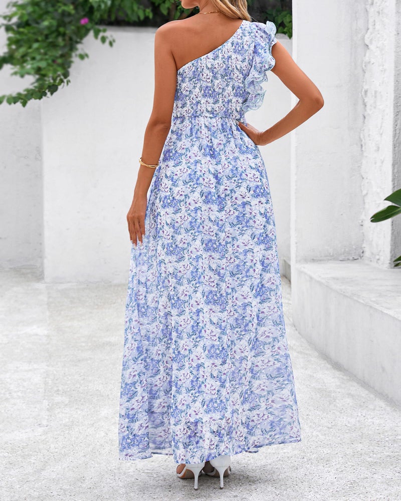 BTFBM Women Summer One Shoulder Floral Wedding Guest Dresses Sleeveless Smocked Ruffle Flowy Beach Vacation Maxi Dress(Floral Blue, Large) - Image 3