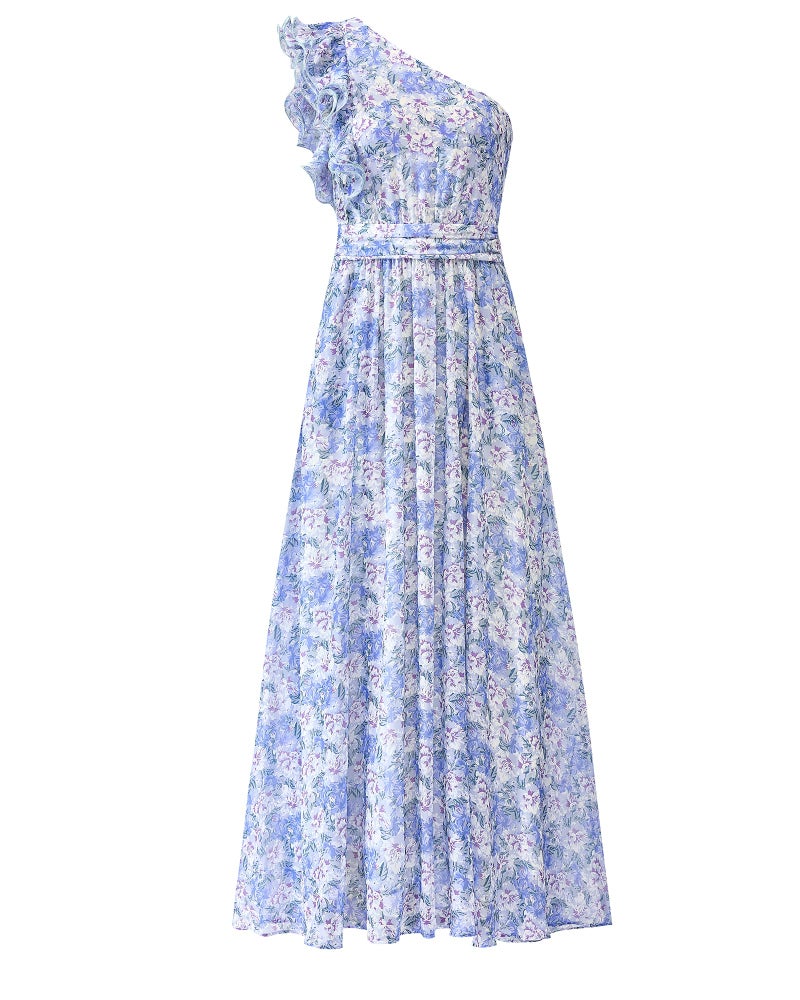 BTFBM Women Summer One Shoulder Floral Wedding Guest Dresses Sleeveless Smocked Ruffle Flowy Beach Vacation Maxi Dress(Floral Blue, Large) - Image 1