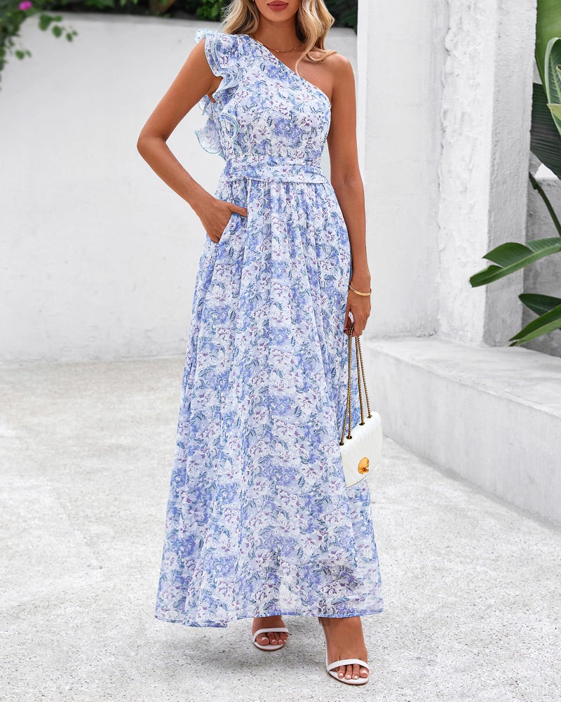 BTFBM Women Summer One Shoulder Floral Wedding Guest Dresses Sleeveless Smocked Ruffle Flowy Beach Vacation Maxi Dress(Floral Blue, Large) - Image 4