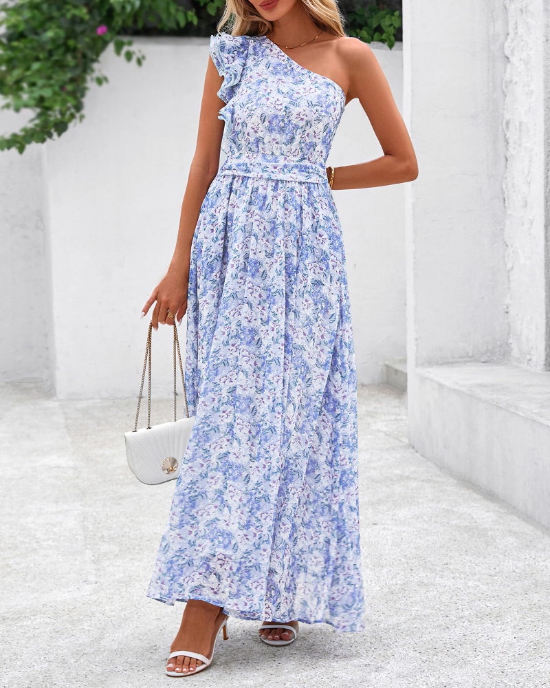 BTFBM Women Summer One Shoulder Floral Wedding Guest Dresses Sleeveless Smocked Ruffle Flowy Beach Vacation Maxi Dress(Floral Blue, Large) - Image 2