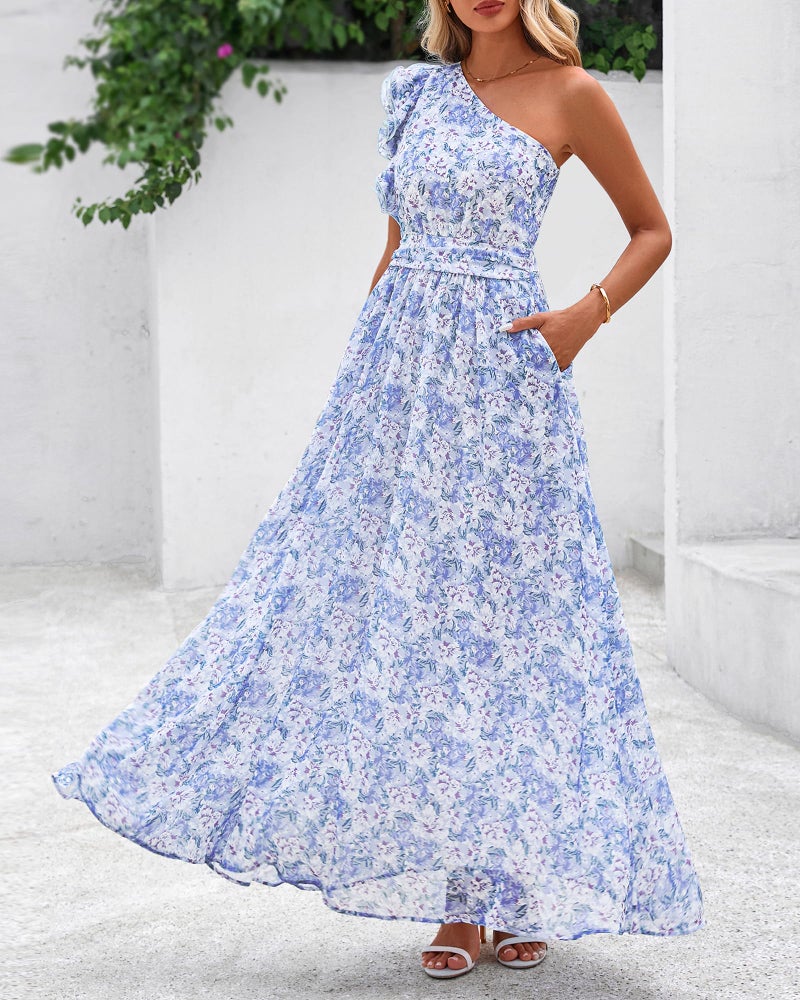 BTFBM Women Summer One Shoulder Floral Wedding Guest Dresses Sleeveless Smocked Ruffle Flowy Beach Vacation Maxi Dress(Floral Blue, Large) - Image 5