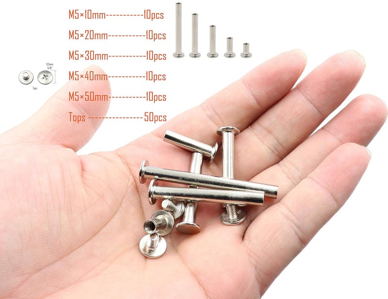 LBY 100pcs Phillips Chicago Screws, M5 x 10/20/30/40/50mm Binding Screw Posts, Book Screws, Binding Barrels and Screws Assortment Kit for Leather Saddles, Purses, Belt Repair, Nickel-Plated - Image 3