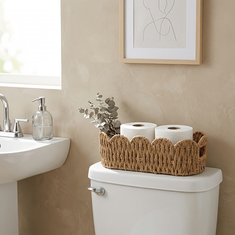 1pc Oval Lace-Woven Storage Basket, Hand-Woven Paper Rope Storage Basket for Balcony Greenery, Desktop, Remote Control, Cosmetics, and Household Storage, Shelf Baskets - Image 3