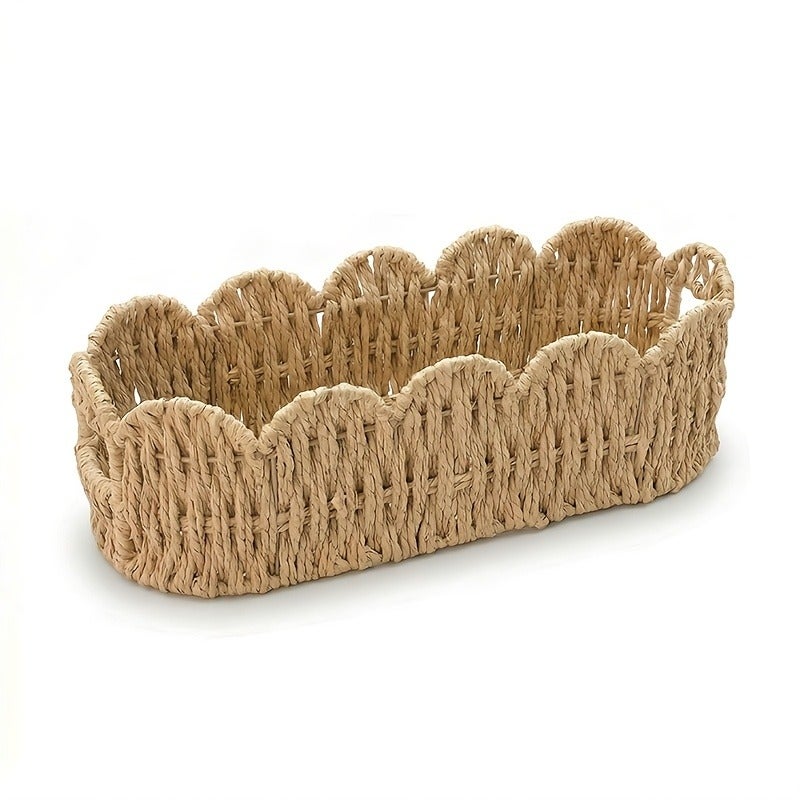 1pc Oval Lace-Woven Storage Basket, Hand-Woven Paper Rope Storage Basket for Balcony Greenery, Desktop, Remote Control, Cosmetics, and Household Storage, Shelf Baskets - Image 1
