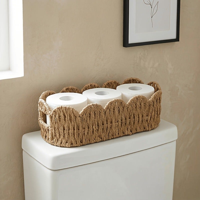 1pc Oval Lace-Woven Storage Basket, Hand-Woven Paper Rope Storage Basket for Balcony Greenery, Desktop, Remote Control, Cosmetics, and Household Storage, Shelf Baskets - Image 2