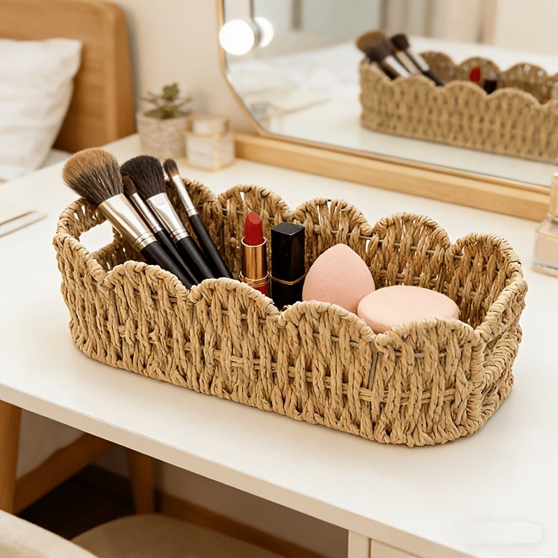 1pc Oval Lace-Woven Storage Basket, Hand-Woven Paper Rope Storage Basket for Balcony Greenery, Desktop, Remote Control, Cosmetics, and Household Storage, Shelf Baskets - Image 5