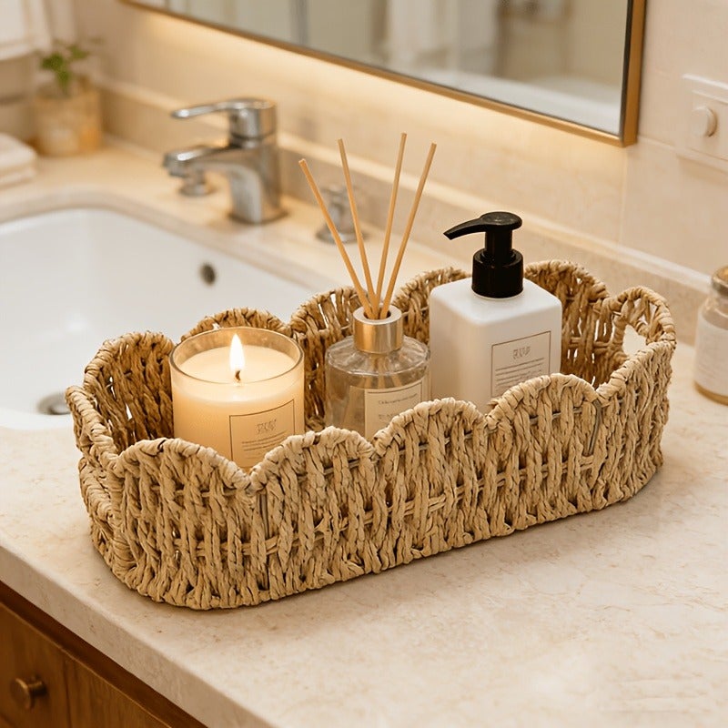 1pc Oval Lace-Woven Storage Basket, Hand-Woven Paper Rope Storage Basket for Balcony Greenery, Desktop, Remote Control, Cosmetics, and Household Storage, Shelf Baskets - Image 4