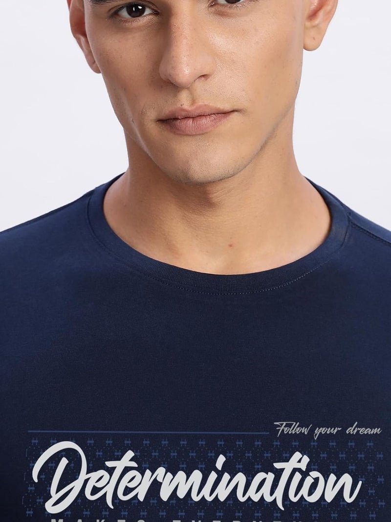 ADRO Men's Printed T-Shirt - Premium Lycra Cotton Regular Fit in Light Navy Blue - Image 3