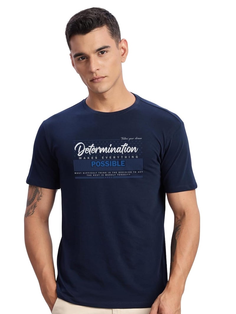 ADRO Men's Printed T-Shirt - Premium Lycra Cotton Regular Fit in Light Navy Blue - Image 1