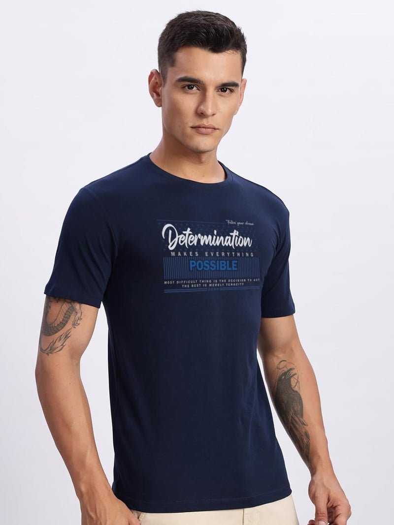 ADRO Men's Printed T-Shirt - Premium Lycra Cotton Regular Fit in Light Navy Blue - Image 4