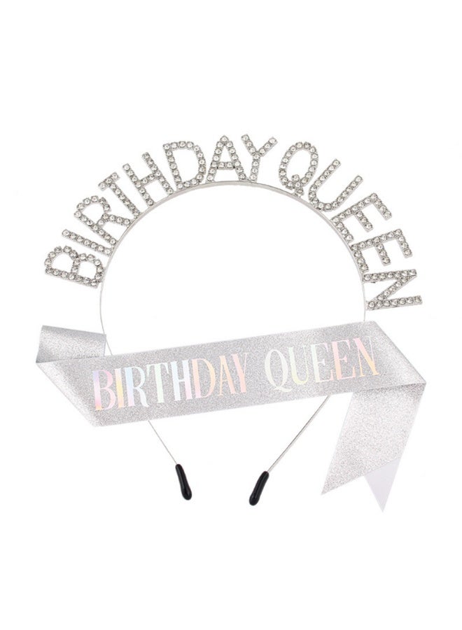 Birthday Queen Sash and Rhinestone Headband Set, Birthday Party Decor Favor Gift - Image 1